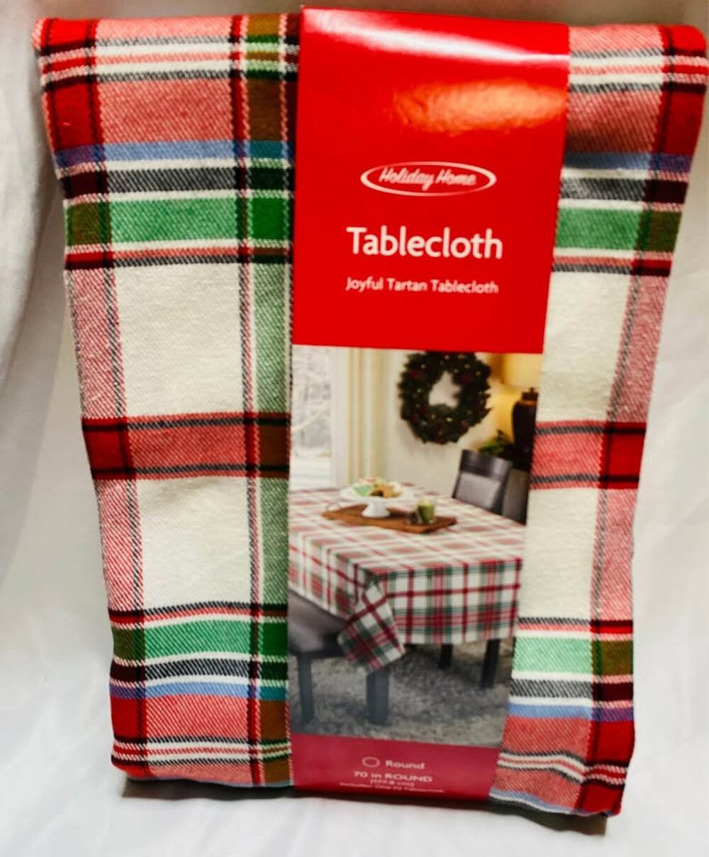 Holiday Home Joyful Tartan Plaid 70” Round Christmas Tablecloth New
